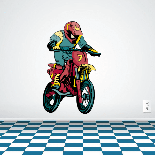 Dirt bike number 7 sticker with rider in teal jacket and red bike