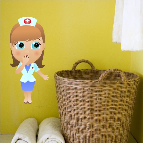 Nurse holding mouth sticker featuring cartoon nurse with red-cross cap and blue outfit.