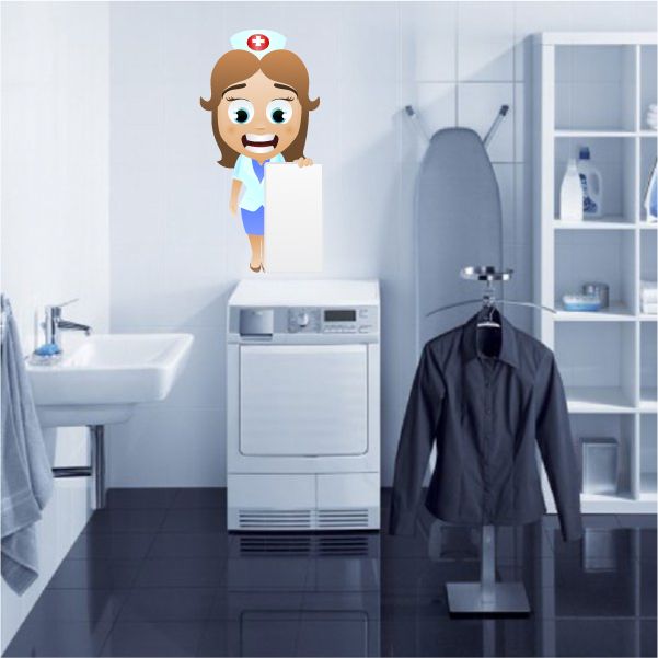 Nurse holding sign sticker with smiling cartoon nurse and red medical cross badge