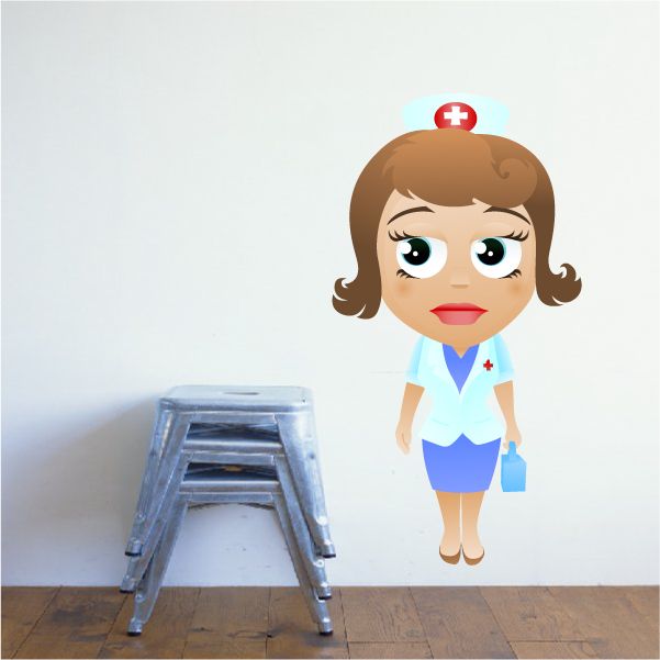 Cartoon nurse sticker with red-cross cap and handbag, white-blue outfit