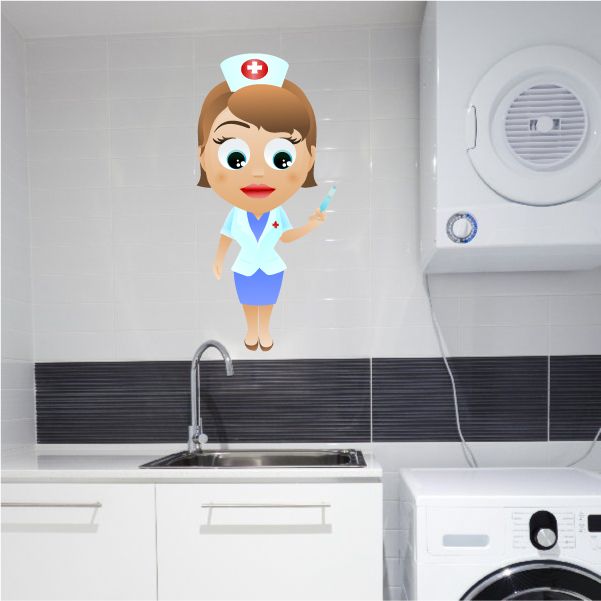 Nurse with needle sticker: cartoon nurse in blue scrubs and cap holding syringe