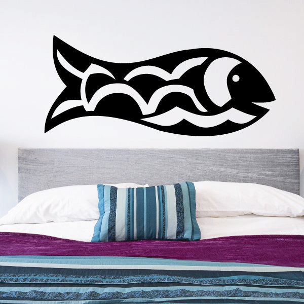 Ocean fish wall decal in black and white, with curved fin details