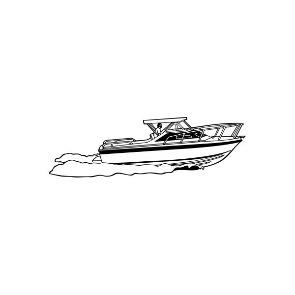 Fishing boat decal with outlined motorboat and small wave lines