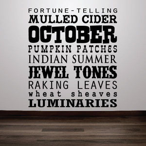 October word collage wall decal with bold typography and autumn phrases
