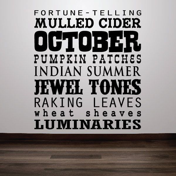 October word collage wall decal with bold typography and autumn phrases