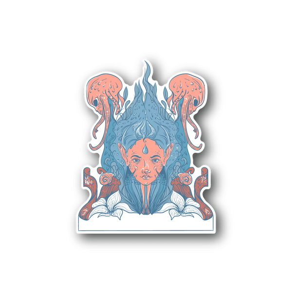 Octopus-girl vinyl sticker with blue tentacles, pink curls, and a detailed face