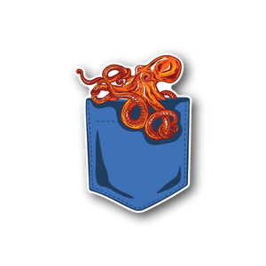 Octopus pocket vinyl sticker with orange octopus in a blue front pocket