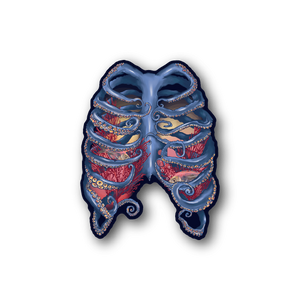 Octopus ribcage vinyl sticker with blue and red cartoon torso design
