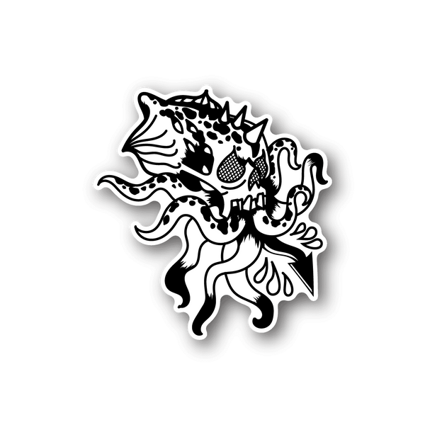 Octopus skull vinyl sticker with white graphic lines on dark backing