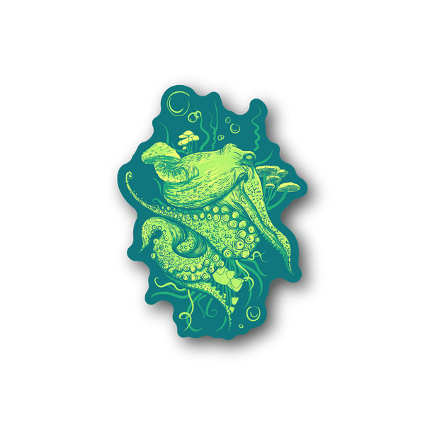 Octopus vinyl sticker with teal and neon green illustration