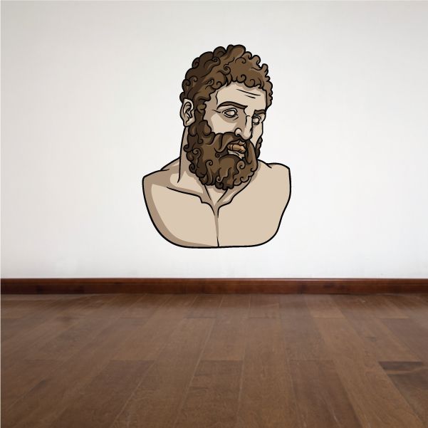 Odysseus bust sticker with illustrated bearded man head, curly hair, bare shoulders