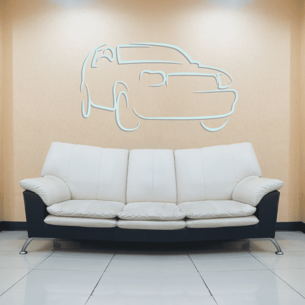 Car outline line drawing sticker with light blue border and details