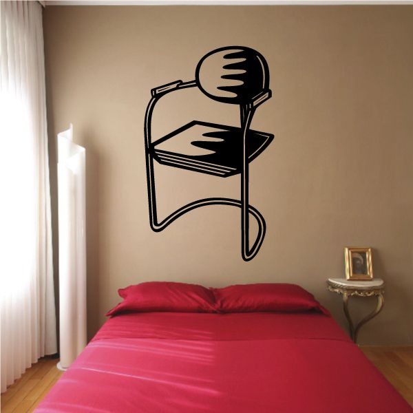 Black line-art office chair wall decal with armrests and paper tray