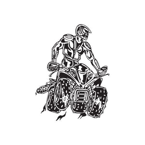 Offroad ATV vinyl wall decal of rider on quad bike, black outline on white