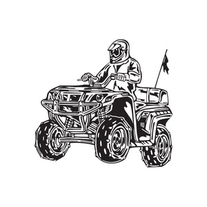 Offroad ATV wall decal, black line-art of rider on quad with flag