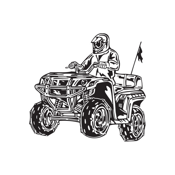 Offroad ATV wall decal, black line-art of rider on quad with flag