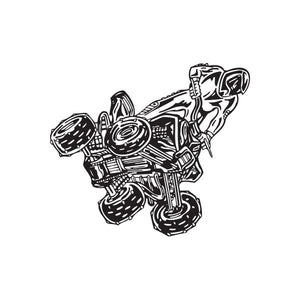 Offroad ATV vinyl wall decal in black line-art, riding ATV with four wheels.