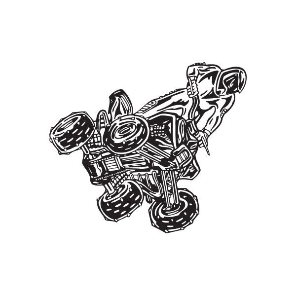 Offroad ATV vinyl wall decal in black line-art, riding ATV with four wheels.