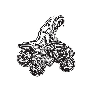 ATV wall decal vinyl with black line-art rider on offroad four-wheeler