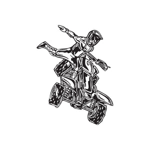 Offroad ATV vinyl wall decal, black illustrated vehicle with rider helmet and gear