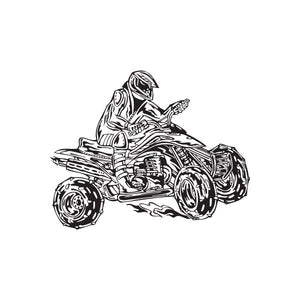 Offroad ATV wall decal of a rider on a racing quad bike, black outline