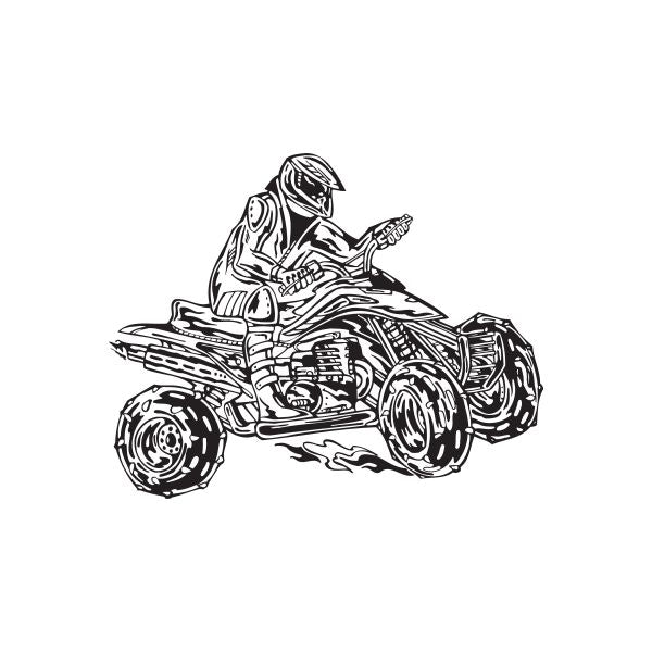 Offroad ATV wall decal of a rider on a racing quad bike, black outline