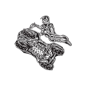 Offroad ATV wall decal, black vinyl line-art quad with rider and helmet