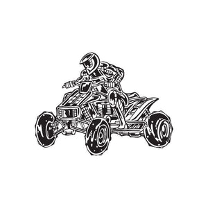 Offroad ATV vinyl wall decal with rider and helmet, black outline on white