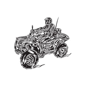 Offroad ATV wall decal: black-and-white outline of a helmeted rider on an ATV
