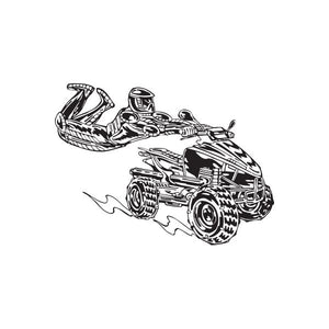 Offroad ATV wall decal vinyl sticker, black and white illustrated off-road quad with flames