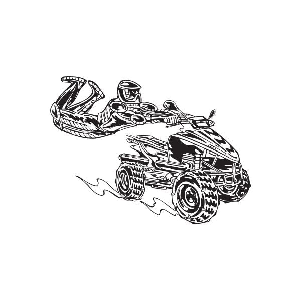 Offroad ATV wall decal vinyl sticker, black and white illustrated off-road quad with flames