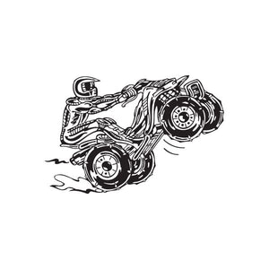 ATV vinyl wall decal, black line art of offroad quad with wheels and suspension.