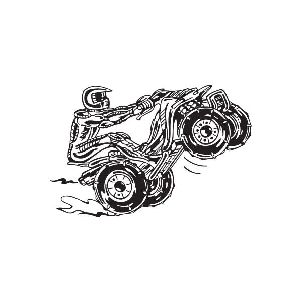 ATV vinyl wall decal, black line art of offroad quad with wheels and suspension.