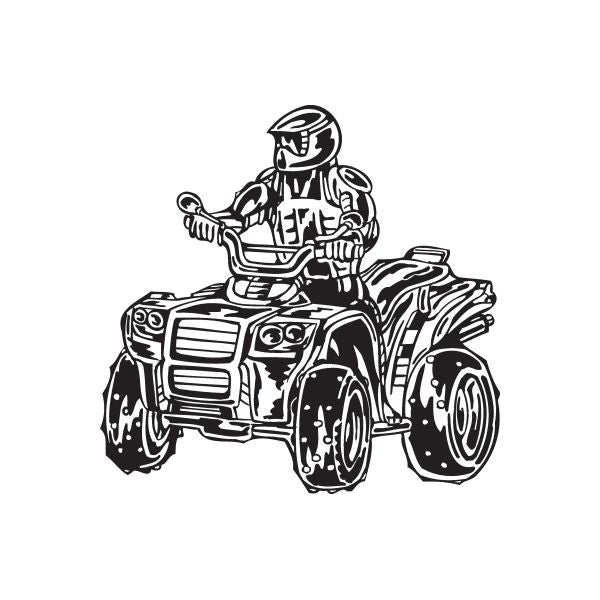 Offroad ATV wall decal vinyl sticker of helmeted rider on quad bike, black outline