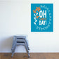 Blue decorative sticker with floral wreath and text 'Oh happy day!'