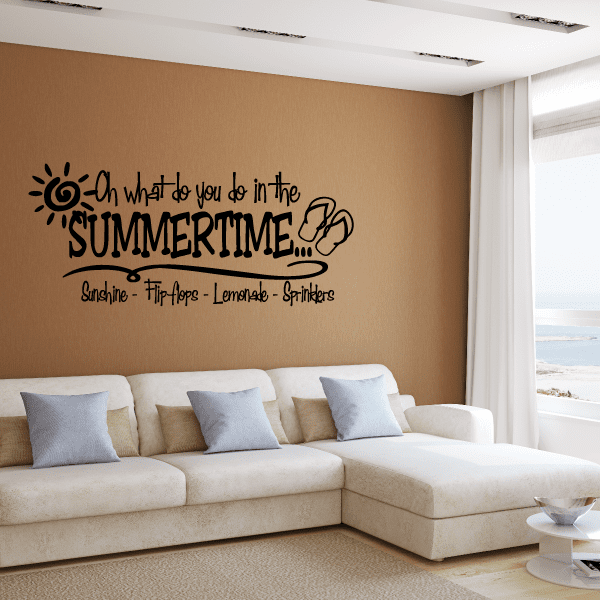 Summertime wall decal with black text and sun doodle