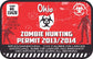 Zombie hunting permit sticker with red Ohio graphic and text, round biohazard icon