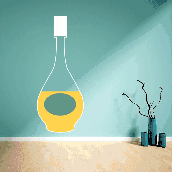 Oil bottle sticker showing a white bottle with yellow oil and a green center
