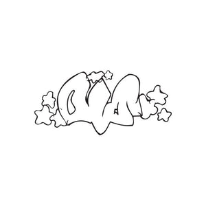 Graffiti oil-style decal sticker with abstract character and stars, black outline