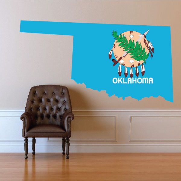 Oklahoma state flag sticker: blue Oklahoma map with OKLAHOMA lettering