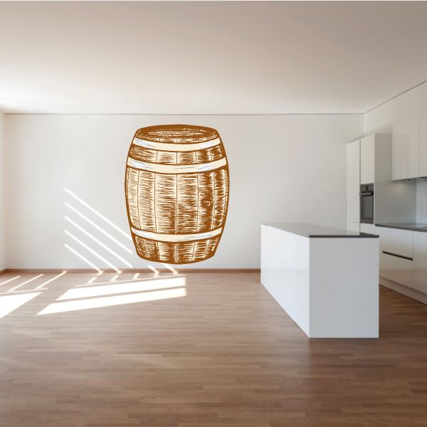 Beer barrel wall decal, wood-grain brown with top rim, vinyl sticker design
