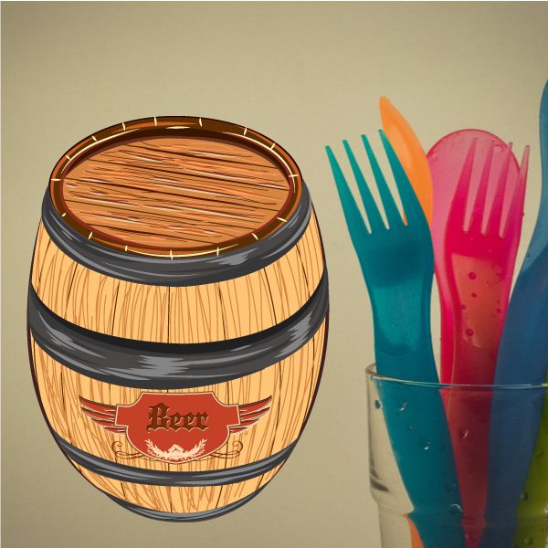 Beer barrel wall decal with label and illustrated drink glass and utensil design
