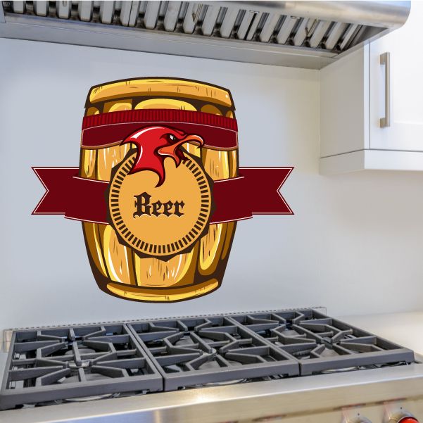 Beer wall decal vinyl sticker with barrel-style mug and red banner marked Beer