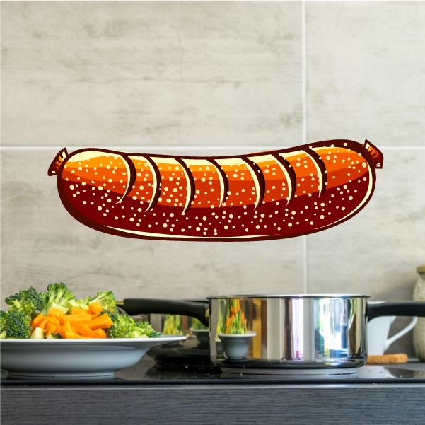 Oktoberfest vinyl wall decal of a red sausage with orange stripes and white speckles