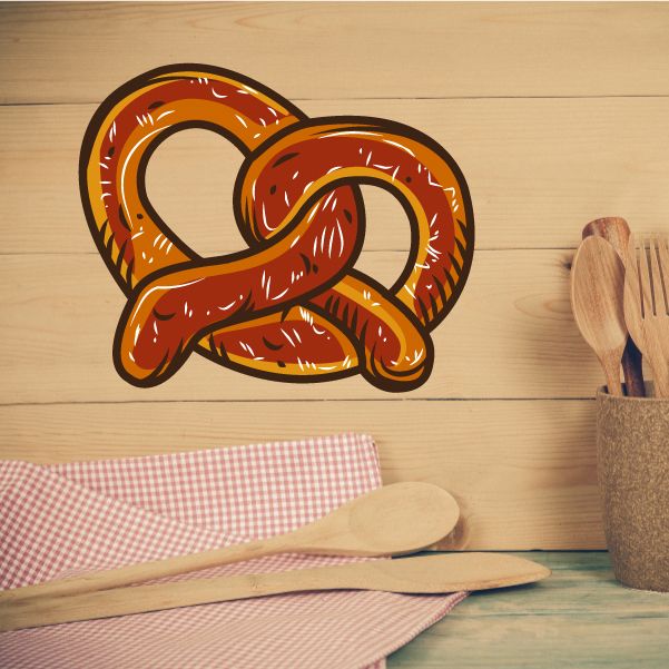 Pretzel vinyl wall decal with brown and gold illustrated pretzel outline