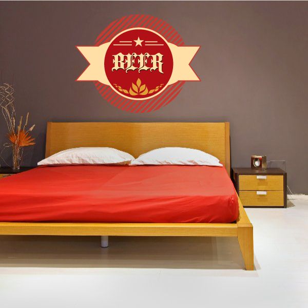 Oktoberfest beer emblem vinyl wall decal, red circular crest with ribbon banner and hops