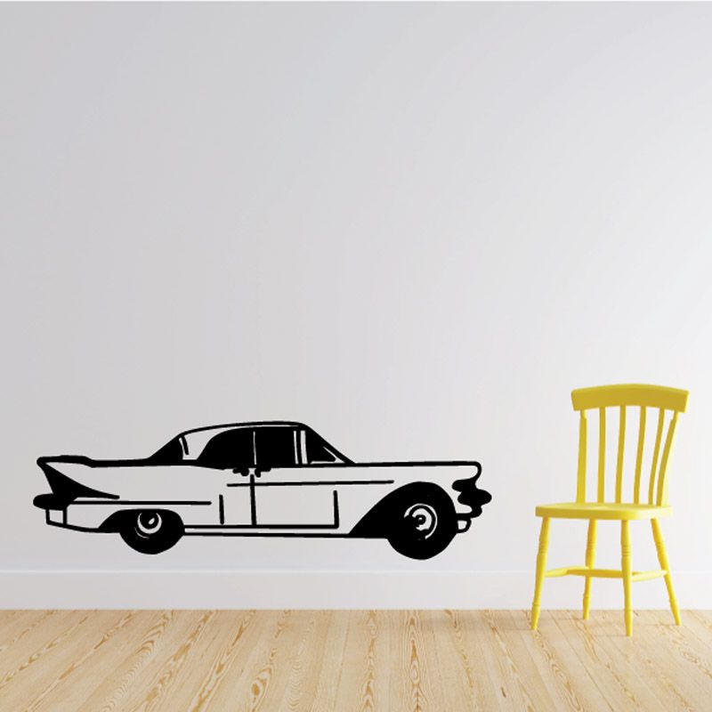 Old Cadillac side view decal with black and white car silhouette