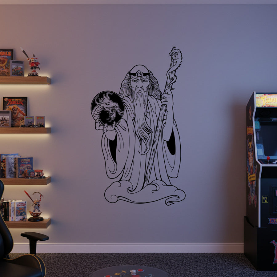 Wizard and dragon decal, black line art of seated wizard holding staff