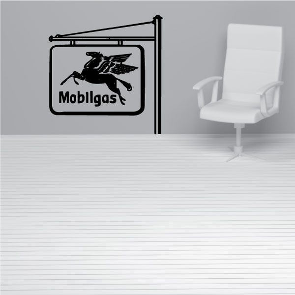 Black gas station wall decal with Mobligas sign and bird graphic