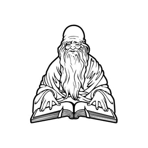 Wizard reading spell book decal, black and white line art